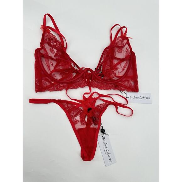 For Love & Lemons Red Lace Heart Embroidery Bra & Thong Panty Set Size XL/L NWT - Picture 10 of 11